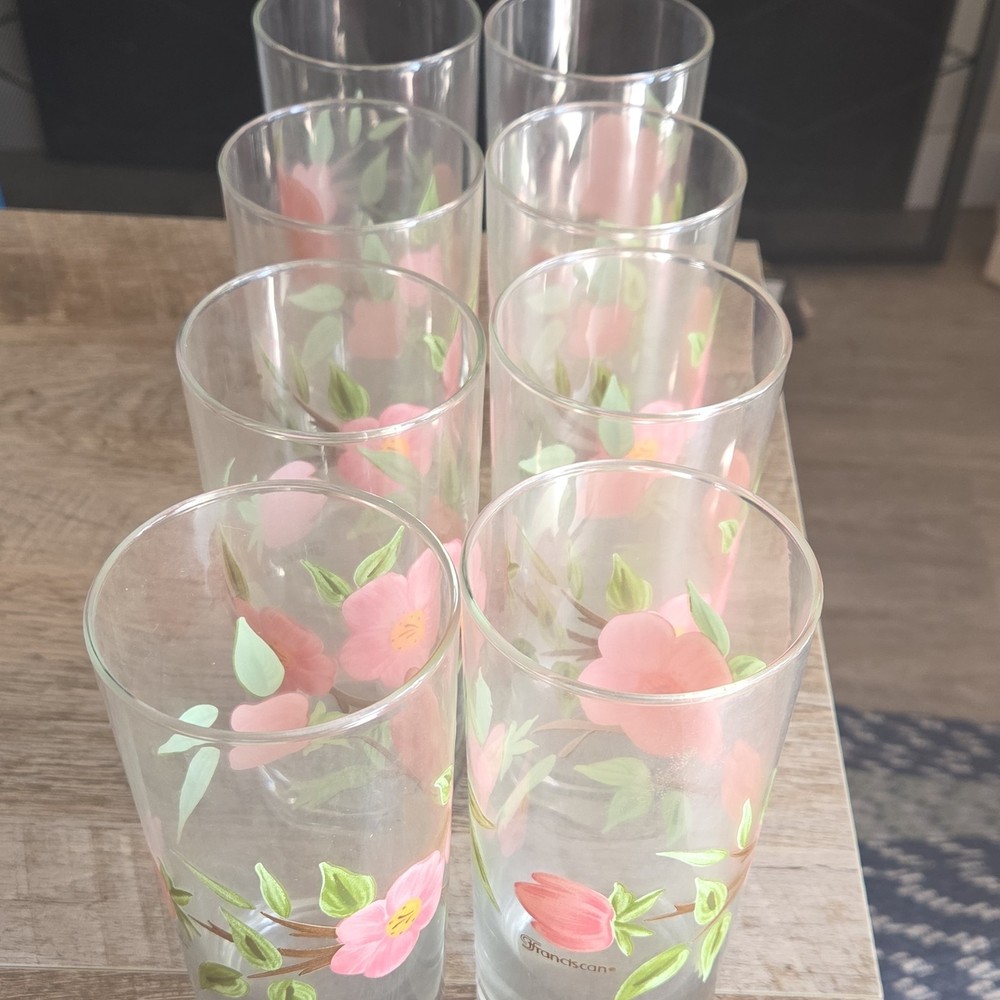 Franciscan Desert Rose Floral Tall Glasses Set of 8, Clear Pink Green Glossy