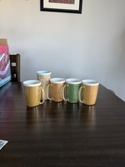 MCM 4 insulated burlap,rattan wrapped mugs with handles & 1 mint green tumbler