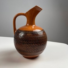 Vintage Savvas Cyprus pottery wine decanter pitcher, 6 glasses terracotta brown