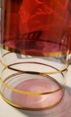 Set of 5 vintage cranberry & clear glass tumblers with gold bands, 5.25″, nice
