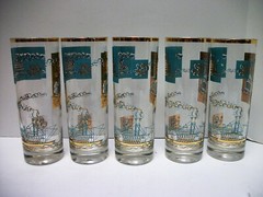 5 Turquoise & Gold Riverboat PaddlewheelerTumblers Glasses 7″ Tom Collins Cooler