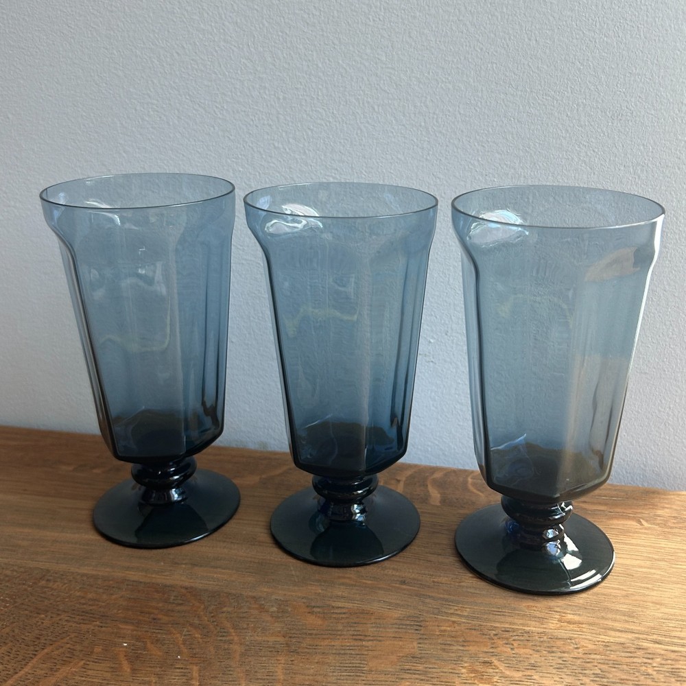 Lenox Antique Dark Blue Iced Tea Footed Tumblers Set Of 3 Vintage 1970s-80s