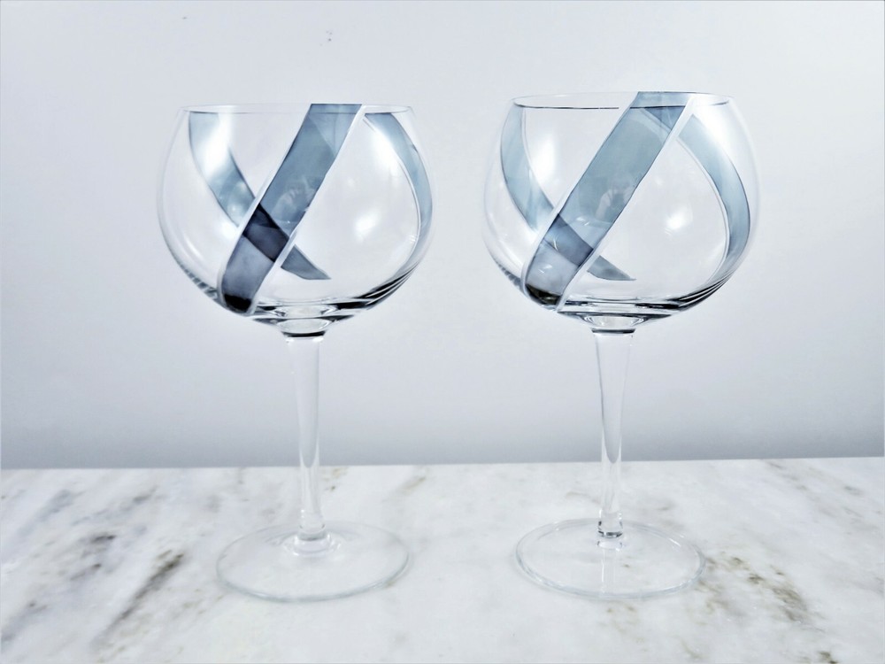 Studio Round Crystal Wine Goblets Clear Cut Modern Smoke-Blue Abstract Pair