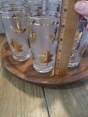 Mid-century Libby Gold Leaf Frosted Glasses Set Of 8 With Metal Brass Carrier