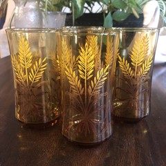 Vintage Libbey Amber Golden Wheat Ribbon Drinking Glass Tumblers 1970’s Set Of 4