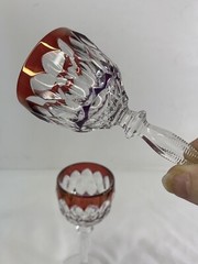 Pair Of Bohemian Crystal Cut To Clear Ruby Red And Amethyst Purple Cordial Glass