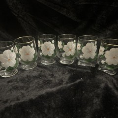 Federal Glass Co. Vintage Hand painted W/Dogwood Juice Glasses 3 In Set Of 6