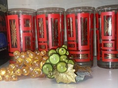 4 Jeannette Glass MCM Red Atomic Starburst Highball Flat Tumbler Vintage 1950’s
