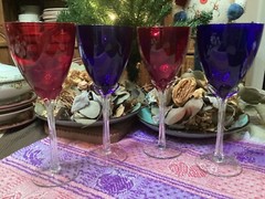 MURANO Art Glass Emerald & Clear 5 Ribbed Stem Red & blue Wine T70 ( Set of 4 )