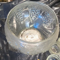 Set of 12 Clear Pressed Glass Grapevine Handled Cups, and punch bowl
