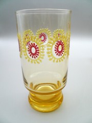 Vintage RETRO Amber Glass ~ APPLIED RAISED RED YELLOW FLORAL ~ Drinking Tumbler