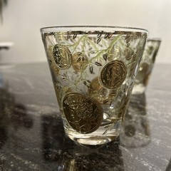 3-Vtg Culver MCM 22K Gold Coins & Ivy Lowball Whiskey Barware Glasses 4″