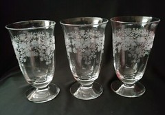 3 VTG FOSTORIA ETCHED FOOTED TUMBLER GOBLETS 5 1/2″