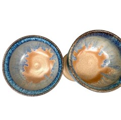 Jack Pott Studio Pottery Chalice Wine Goblets Blue & Beige Drip Glaze 6.75″ H