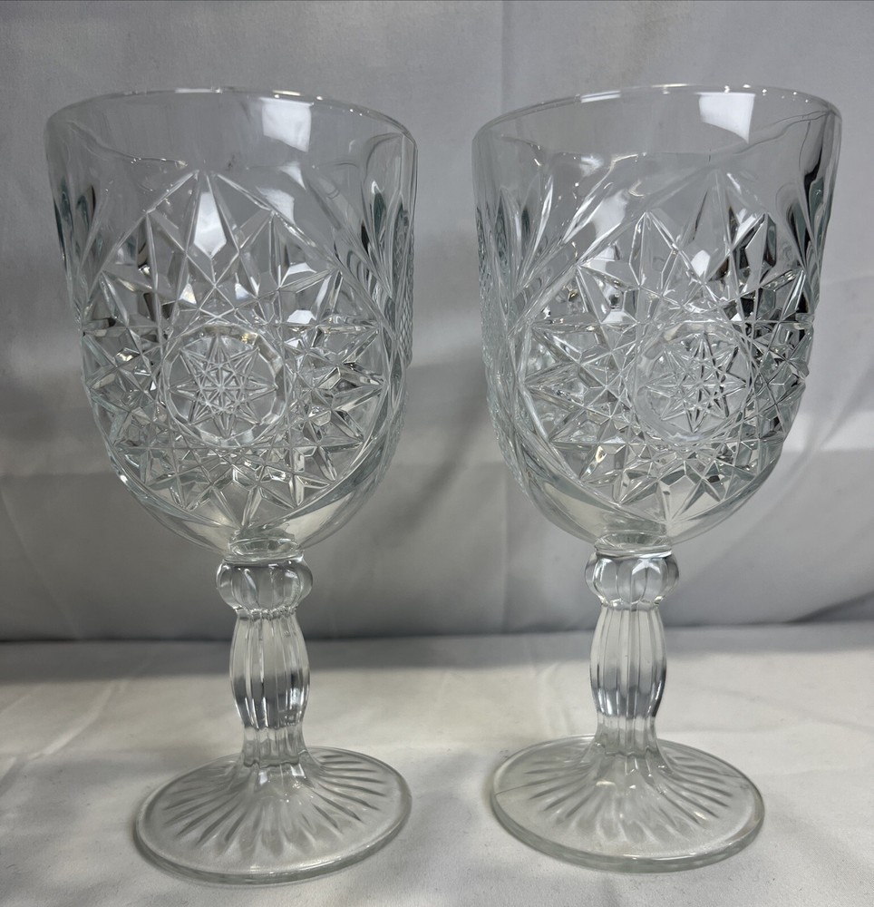 Libbey Glass Company Hobstar Star of David 7 1/4″ Glass Water Goblet Pair of 2