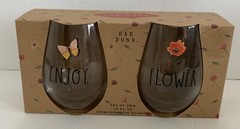 Rae Dunn wine glasses Set Of 2 Enjoy Flower Butterfly NIB New Great Gift 19 Oz