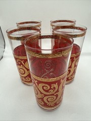 Set Of 5 Vintage Signed Culver Highball Glasses Red 22k Gold Swirl 12 Oz MCM