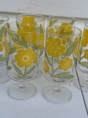 Set (6) Culver MCM Boho Yellow Flower Footed Water Tea Barware Drinking Glasses