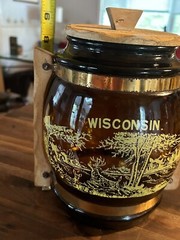 Vtg Siesta Ware Amber Brown Barrel 2 Mugs Ice Bucket WISCONSIN Deer Lake