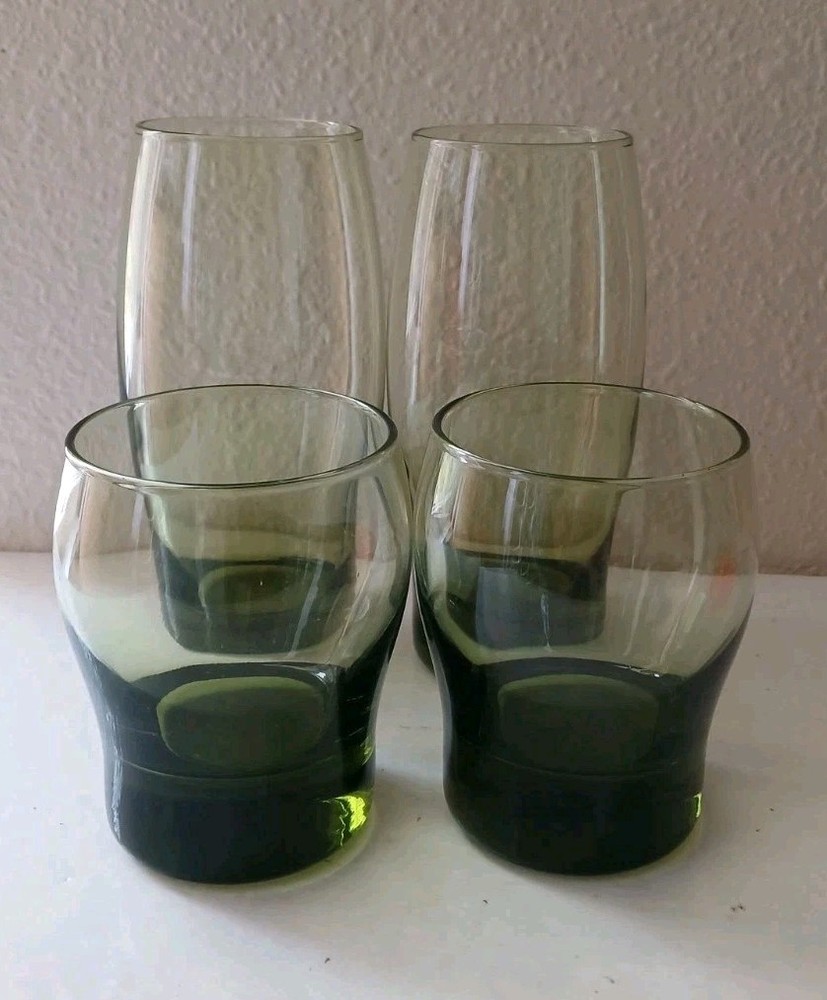 Vtg Libbey Perception Olive Green Curved Rocks Glasses, 2~10 Oz &2~16Oz, Set 4