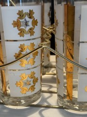 8 Vintage Libbey Culver Style 22K Gold Geometric Glasses Tumblers & Caddy 1960’s