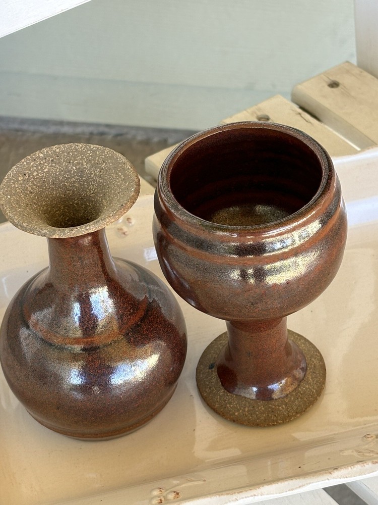 2 Pottery Stoneware Wine Goblet Chalice Hand Crafted Rusty Glaze Beautiful