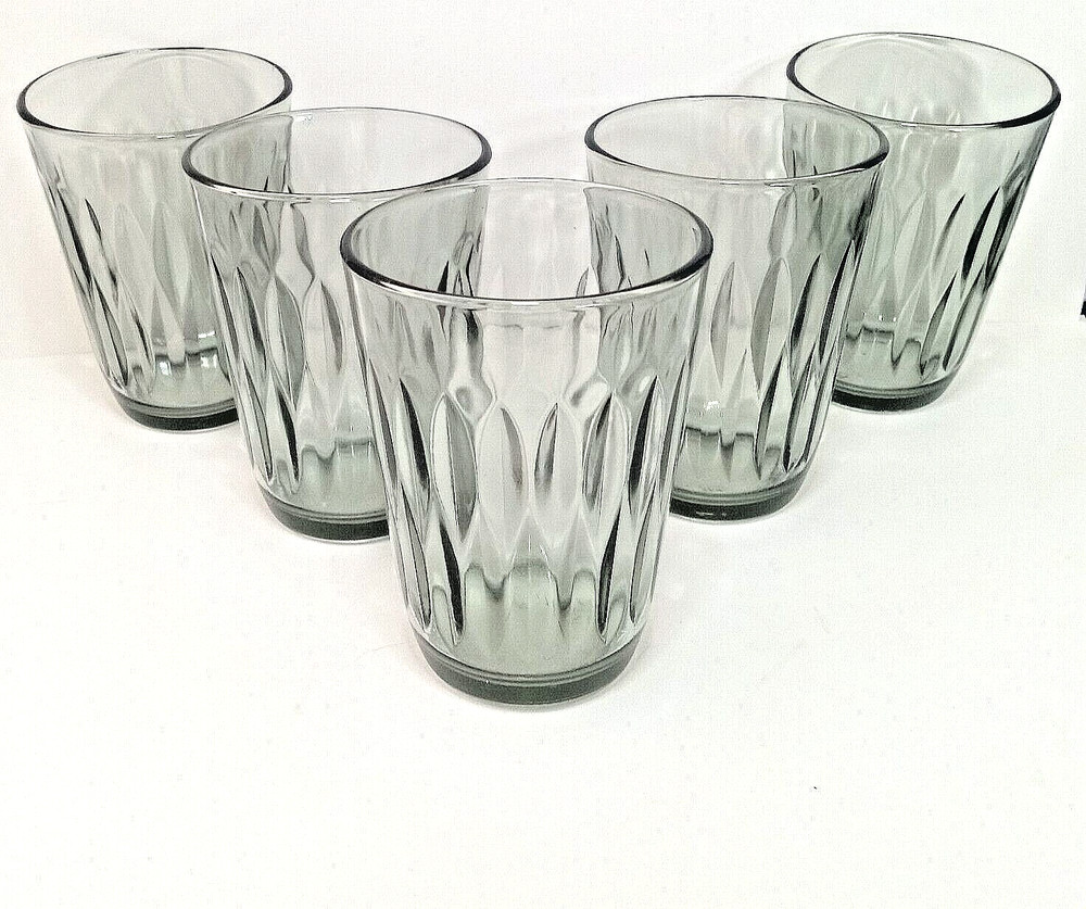 Set of 5 MCM Smoke Gray Glass Juice Tumblers – Diamond Optic Pattern Vintage