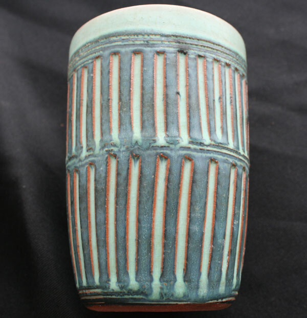 Vintage PUERTO RICAN POTTERY Blue Green Tumbler Hal Lasky
