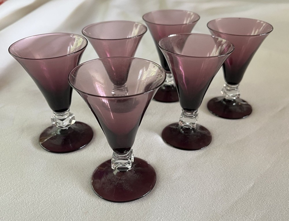 Vtg 6 Bryce Wilmington PURPLE Clear Square Stem Cordial Liquor Glasses
