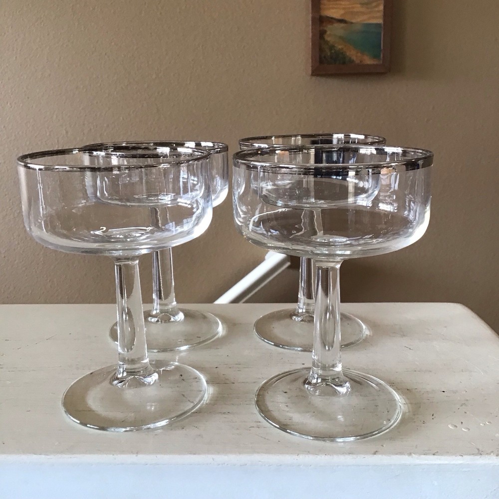 Set of 4 Vintage Champagne Coupe MCM Glasses Silver Rim