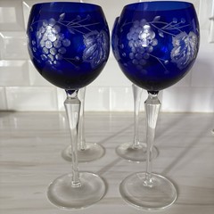 4 Bachman Traube Sapphire Blue Grape Cut To Clear Wine Glass, Made In Romania