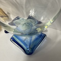 Set Of 2 Wine Glasses Beautiful Footed Hand Blown Art Glass Blue And Amber Rare