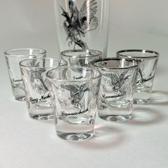 Hazel Atlas Pheasants Cocktail Shaker 6 Shot Glasses Game Birds Hunting MCM Set