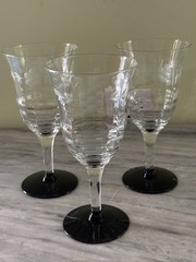 Set Of 3 Vintage Etched Glasses Black Base