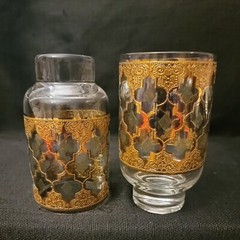 Vintage Four Culver Valencia Footed Highball Glass 24K Gold Green Diamond