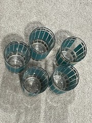 Retro Fred Press Signed Highball Glasses Green and Gold Vintage Used
