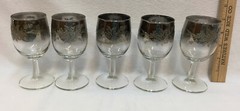 Wine Glasses Goblets Glass Black Ombre Clear Etched Floral w/ Storage Caddy Vtg