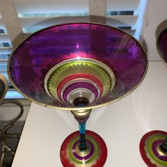 Pier 1 Festive Hand Painted Jewel Tones 2 Martini Glasses Magenta, Teal, Gold