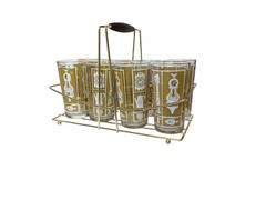 MCM Hazelware 9 pc Caddy Barware Drink Set. 8 Highball Glasses Gold Tone Carrier