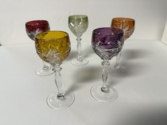 Bohemian Cut Crystal Colored To Clear Lot Of 5 Hock Shape Cordials Shot Glasses