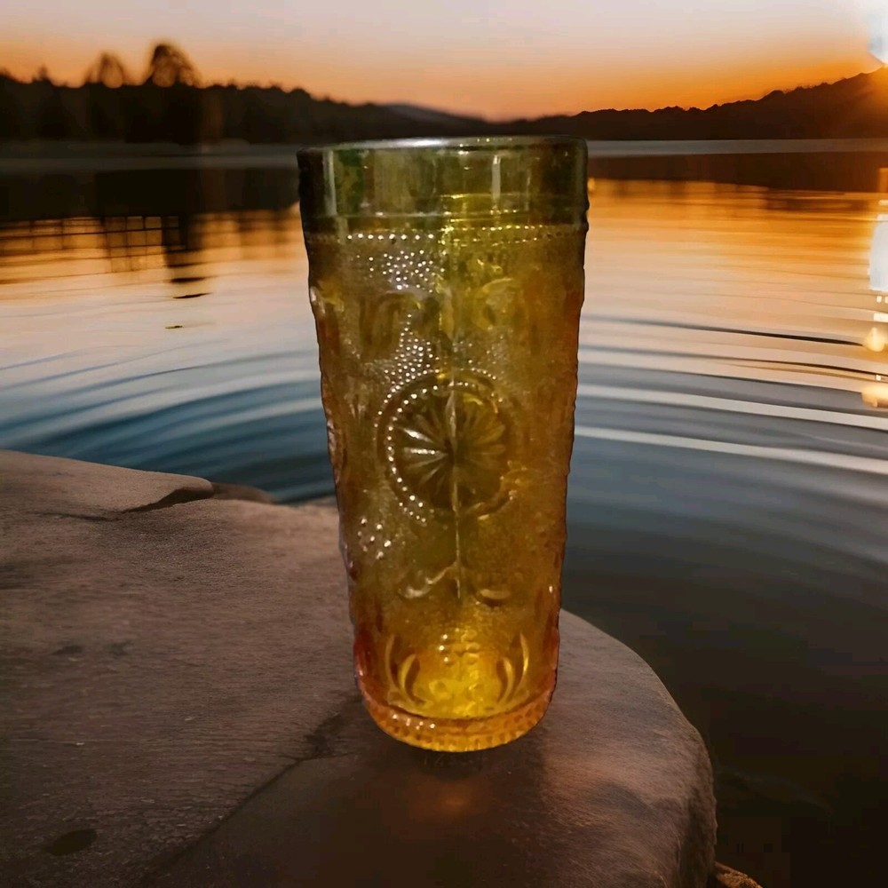 Amber Glass American CONCORD Brockway DAISY TIARA Tumbler 5.25″H 10oz