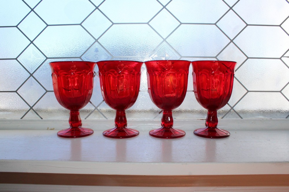 4 1970s Red Water Goblets Viking Glass Arlington Ruby