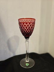 Signed Kusak Art Cut Crystal Cranberry Color Cut to Clear Wine Glass Tagged