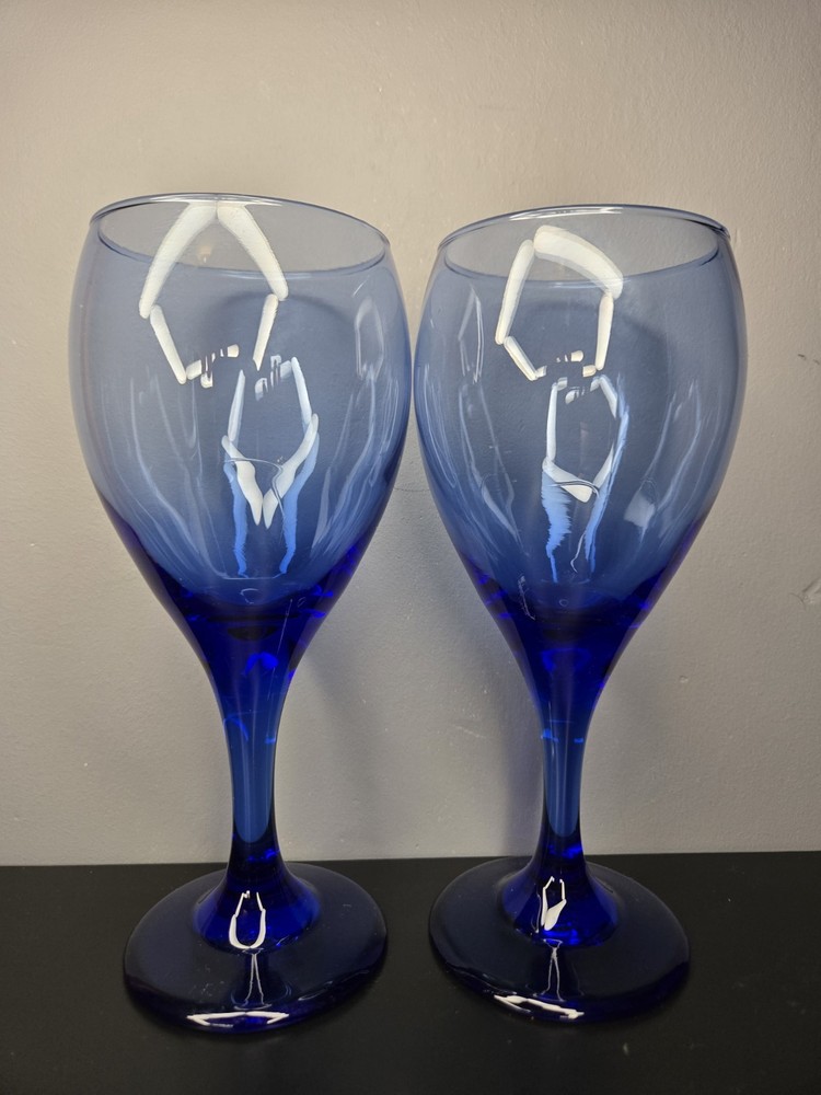 Vintage Libbey Teardrop Pair of (2) Wine/Water Glasses 7.5″ Cobalt Blue Fade