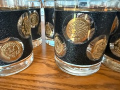 8 Vintage Libbey 22k Gold & Black Coin Barware Glasses Hollywood Regency