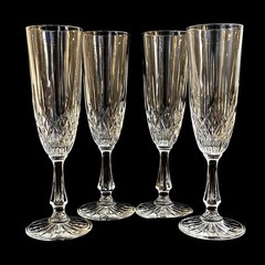 4 Ornate Cut Crystal Clear Champagne Flutes Anchor Hocking Canfield 8-1/8”t