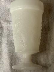 Vintage white milk glass footed goblet grape and leaves impression,