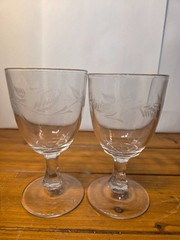 Vintage Etched Wheat & Fern Crystal Wine Glasses Short Stem Goblets Set of 2