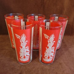 Set Of 5 1960’s Culver Red & Gold Highball Drinking Glasses Dancer Thai Goddess