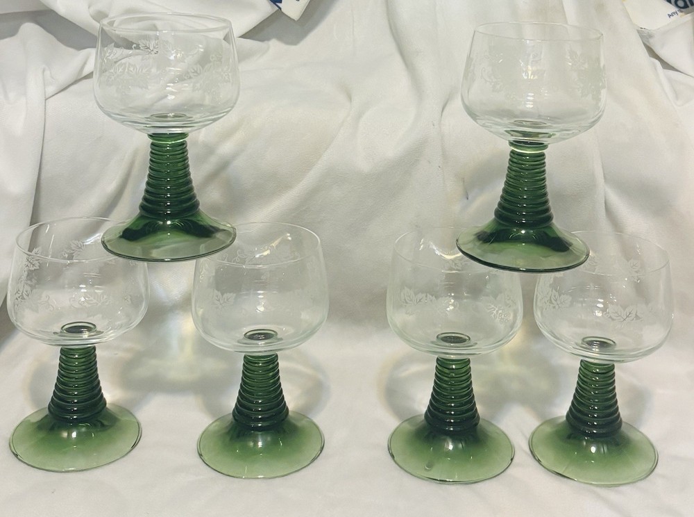 Luminarc Rib Beehive Stem Etched Grape Vines Cordial Set 6 Wine Glasses 1950’s